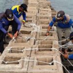Pekerja menyelesaikan pembuatan tanggung pemecah gelombang di Pulau Kelapa Dua, Kepulauan Seribu. Foto Antara