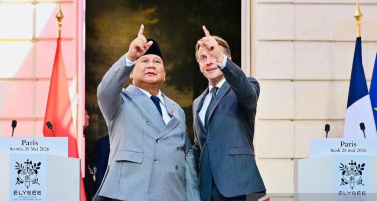 Presiden Prabowo Subianto (kiri) dan Presiden Republik Prancis Emmanuel Macron di Istana Elysee, Paris, Prancis, Kamis (28/5/2026). Foto Antara