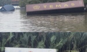 Kontainer yang jatuh ke sungai akibat tabrakan kapal yang mengangkutnya. Foto: indomaritim.com/Ist Kontainer yang jatuh ke sungai akibat tabrakan kapal yang mengangkutnya. Foto: indomaritim.com/Ist