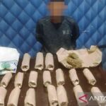 Personel Satuan Reserse Narkoba (Satresnarkoba) Polres Aceh Barat memperlihatkan seorang nelayan berinisial A (38), warga Desa Pasie Mesjid, Kecamatan Meureubo, diduga sebagai terduga pengedar belasan paket narkotika jenis ganja kering saat diamankan di mapolres setempat di Meulaboh, Jumat (19/6/2026). Foto Antara