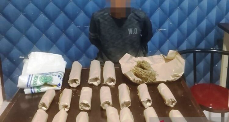 Personel Satuan Reserse Narkoba (Satresnarkoba) Polres Aceh Barat memperlihatkan seorang nelayan berinisial A (38), warga Desa Pasie Mesjid, Kecamatan Meureubo, diduga sebagai terduga pengedar belasan paket narkotika jenis ganja kering saat diamankan di mapolres setempat di Meulaboh, Jumat (19/6/2026). Foto Antara