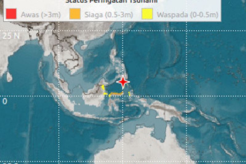 Senin 08 Juni 2026 pukul 06.37.42 WIB wilayah Pantai Selatan Mindanao, Filipina diguncang gempa tektonik. Hasil analisis BMKG menunjukkan gempa bumi ini memiliki parameter update dengan magnitudo M7,7. Episenter gempa bumi terletak pada koordinat 5,80° LU ; 125,14° BT, atau tepatnya berlokasi di laut pada jarak 244 kilometer arah barat laut Pulau Karatung, Sulawesi Utara pada kedalaman 47 kilometer. Foto Antara Senin 08 Juni 2026 pukul 06.37.42 WIB wilayah Pantai Selatan Mindanao, Filipina diguncang gempa tektonik. Hasil analisis BMKG menunjukkan gempa bumi ini memiliki parameter update dengan magnitudo M7,7. Episenter gempa bumi terletak pada koordinat 5,80° LU ; 125,14° BT, atau tepatnya berlokasi di laut pada jarak 244 kilometer arah barat laut Pulau Karatung, Sulawesi Utara pada kedalaman 47 kilometer. Foto Antara