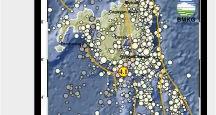 Tangkapan layar- Titik gempa 4,1 magnitudo di Kepulauan Sangihe, Sulawesi Utara, Selasa (9/6/2026). Foto Antara
