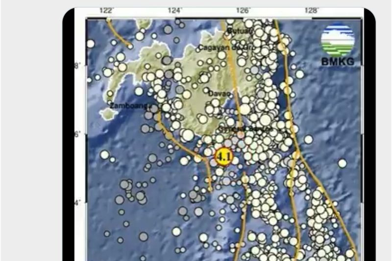 Tangkapan layar- Titik gempa 4,1 magnitudo di Kepulauan Sangihe, Sulawesi Utara, Selasa (9/6/2026). Foto Antara Tangkapan layar- Titik gempa 4,1 magnitudo di Kepulauan Sangihe, Sulawesi Utara, Selasa (9/6/2026). Foto Antara