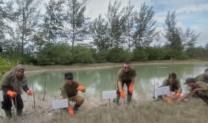 Kepala DLH Kabupaten Bangka Boy Yandra (dua dari kiri) melakukan penanaman bakau di Pantai Takari Rebo di Sungailiat, Rabu (10/6/2026). Foto Antara Kepala DLH Kabupaten Bangka Boy Yandra (dua dari kiri) melakukan penanaman bakau di Pantai Takari Rebo di Sungailiat, Rabu (10/6/2026). Foto Antara