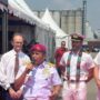Duta Besar Inggris untuk Indonesia Dominic Jermey, Wakil Komandan Kodaeral III Brigjen TNI (Mar) Dian Suryansyah (baret ungu), Komandan HMS Tamar Commander Thomas Lindsey, dan Atase Pertahanan Kedubes Inggris Kapten Paul Matthews, dalam penyambutan kapal patroli Inggris, HMS Tamar, di Jakarta, Rabu (17/6/2026). Foto Antara