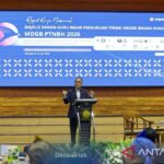 Indonesian Minister of Higher Education, Science, and Technology Brian Yuliarto delivers his speech at the national working meeting of the Council of Professors of State Universities with Legal Entity Status at Padjadjaran University, West Java, on Friday (June 19, 2026). Antara Photo