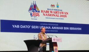 Perdana Menteri Malaysia Anwar Ibrahim memberi kata sambutan pada Hari Wartawan Nasional Malaysia di Penang, Sabtu (20/6/2026). Foto Indomaritim.com/Haresti Perdana Menteri Malaysia Anwar Ibrahim memberi kata sambutan pada Hari Wartawan Nasional Malaysia di Penang, Sabtu (20/6/2026). Foto Indomaritim.com/Haresti