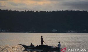 Nelayan Teluk Ambon, La Hamid (48) mendorong perahunya untuk melaut di Teluk Ambon. Foto Antara