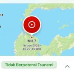 A screenshot from the Indonesian Meteorology, Climatology, and Geophysics Agency (BMKG) website displays an indicator for a 6.7-magnitude earthquake near Palu, Central Sulawesi, on Tuesday morning (June 16, 2026). Antara Photo