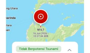 A screenshot from the Indonesian Meteorology, Climatology, and Geophysics Agency (BMKG) website displays an indicator for a 6.7-magnitude earthquake near Palu, Central Sulawesi, on Tuesday morning (June 16, 2026). Antara Photo