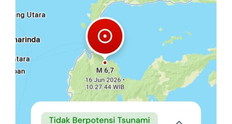 A screenshot from the Indonesian Meteorology, Climatology, and Geophysics Agency (BMKG) website displays an indicator for a 6.7-magnitude earthquake near Palu, Central Sulawesi, on Tuesday morning (June 16, 2026). Antara Photo