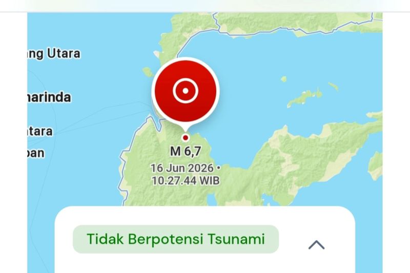 A screenshot from the Indonesian Meteorology, Climatology, and Geophysics Agency (BMKG) website displays an indicator for a 6.7-magnitude earthquake near Palu, Central Sulawesi, on Tuesday morning (June 16, 2026). Antara Photo A screenshot from the Indonesian Meteorology, Climatology, and Geophysics Agency (BMKG) website displays an indicator for a 6.7-magnitude earthquake near Palu, Central Sulawesi, on Tuesday morning (June 16, 2026). Antara Photo