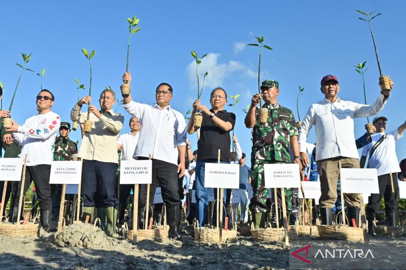 Minister of Environment and Head of the Environmental Control Agency Jumhur Hidayat (third left), accompanied by Bali Governor Wayan Koster (third right) and several Indonesian officials, displays mangrove seedlings to be planted at the Mangrove Arboretum Park in Denpasar, Bali, on Wednesday (June 10, 2026). The planting of 3,000 mangrove seedlings was carried out to help preserve coastal ecosystems in conjunction with World Environment Day 2026. Antara Photo Minister of Environment and Head of the Environmental Control Agency Jumhur Hidayat (third left), accompanied by Bali Governor Wayan Koster (third right) and several Indonesian officials, displays mangrove seedlings to be planted at the Mangrove Arboretum Park in Denpasar, Bali, on Wednesday (June 10, 2026). The planting of 3,000 mangrove seedlings was carried out to help preserve coastal ecosystems in conjunction with World Environment Day 2026. Antara Photo