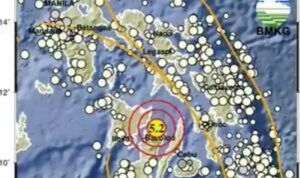 Titik gempa di barat laut Tahuna, Kepulauan Sangihe, Sulawesi Utara pada Rabu (29/7/2026). Sumber infografis: Antara