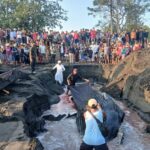 Petugas gabungan mengubur paus bungkuk dengan panjang tujuh meter lebih yang ditemukan terdampar di Pantai Perancak, Kabupaten Jembrana, Bali, Selasa (14/7/2026). Sumber foto: Antara