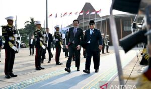 Indonesia's President Prabowo Subianto (right) sees off Singapore Prime Minister Lawrence Wong (second right) before his departure at Halim Perdanakusuma Air Force Base, Jakarta, on Monday (July 6, 2026). Antara Photo