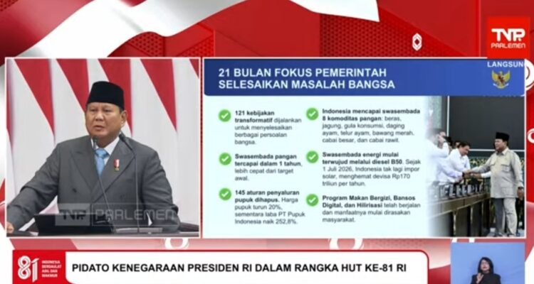 Presiden RI Prabowo Subianto ketika memaparkan sejumlah capaian pemerintah selama 21 bulan kepemimpinannya dalam Sidang Tahunan MPR RI dan Sidang Bersama DPR RI-DPD RI 2026 di Kompleks Parlemen, Senayan, Jakarta, Jumat (14/8/2026). Sumber foto: indomaritim.com/As
