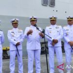 Indonesian Navy Chief of Staff Admiral Muhammad Ali speaks to reporters after attending the ceremony to inaugurate the name of the KRI Sriwijaya at Tanjung Priok Port, North Jakarta, Thursday (Sept. 24, 2026). Photo source: Antara News Agency