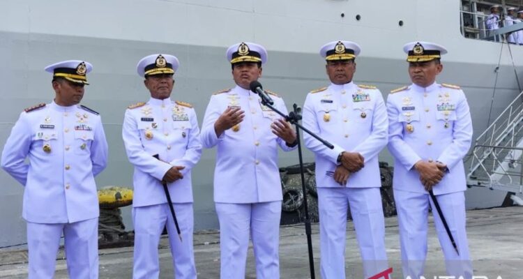 Indonesian Navy Chief of Staff Admiral Muhammad Ali speaks to reporters after attending the ceremony to inaugurate the name of the KRI Sriwijaya at Tanjung Priok Port, North Jakarta, Thursday (Sept. 24, 2026). Photo source: Antara News Agency