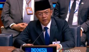 Indonesian Foreign Minister Sugiono delivers his statement at UN High-Level Meeting on Addressing the Existential Threats Posed by Sea-Level Rise in New York on Thursday (September 24, 2026). Sumber foto: Antara