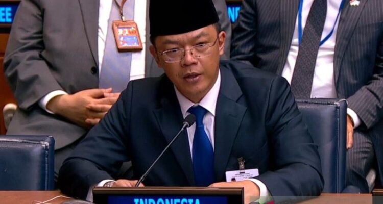Indonesian Foreign Minister Sugiono delivers his statement at UN High-Level Meeting on Addressing the Existential Threats Posed by Sea-Level Rise in New York on Thursday (September 24, 2026). Sumber foto: Antara