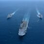 Kapal induk ITS Giuseppe Garibaldi memasuki perairan Indonesia dengan dikawal fregat TNI AL: KRI Brawijaya-320 dan KRI Prabu Siliwangi-321. Sumber foto: Dinas Penerangan TNI AL