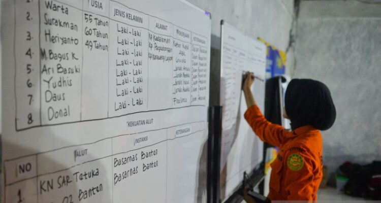 Personel Basarnas Banten menuliskan data penumpang kapal yang hilang kontak di Posko SAR Nasional, Pandeglang, Banten, Selasa (8/9/2026). Basarnas menggelar operasi pencarian sebuah kapal cepat yang membawa rombongan jurnalis termasuk pewarta foto LKBN Antara yang dilaporkan hilang kontak di perairan Selat Sunda saat meliput erupsi Gunung Anak Krakatau. Sumber foto: Antara