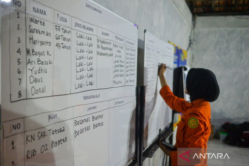 Personel Basarnas Banten menuliskan data penumpang kapal yang hilang kontak di Posko SAR Nasional, Pandeglang, Banten, Selasa (8/9/2026). Basarnas menggelar operasi pencarian sebuah kapal cepat yang membawa rombongan jurnalis termasuk pewarta foto LKBN Antara yang dilaporkan hilang kontak di perairan Selat Sunda saat meliput erupsi Gunung Anak Krakatau. Sumber foto: Antara Personel Basarnas Banten menuliskan data penumpang kapal yang hilang kontak di Posko SAR Nasional, Pandeglang, Banten, Selasa (8/9/2026). Basarnas menggelar operasi pencarian sebuah kapal cepat yang membawa rombongan jurnalis termasuk pewarta foto LKBN Antara yang dilaporkan hilang kontak di perairan Selat Sunda saat meliput erupsi Gunung Anak Krakatau. Sumber foto: Antara