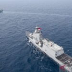 Italian Navy aircraft carrier ITS Giuseppe Garibaldi-551 (left) sails alongside Indonesian Navy warship KRI Prabu Siliwangi-321 (right) in the waters off Bangka, Bangka Belitung, Thursday (Sept. 17, 2026). KRI Brawijaya-320, KRI Prabu Siliwangi-321, two AS565 Panther helicopters, and Cassa NC212 and CN-235 aircraft also took part in welcoming and escorting the Italian carrier, which was donated to the Indonesian Navy, as it entered Indonesian Archipelagic Sea Lane I. Photo Source: Antara News Agency