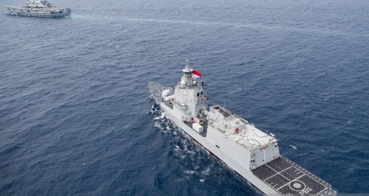 Italian Navy aircraft carrier ITS Giuseppe Garibaldi-551 (left) sails alongside Indonesian Navy warship KRI Prabu Siliwangi-321 (right) in the waters off Bangka, Bangka Belitung, Thursday (Sept. 17, 2026). KRI Brawijaya-320, KRI Prabu Siliwangi-321, two AS565 Panther helicopters, and Cassa NC212 and CN-235 aircraft also took part in welcoming and escorting the Italian carrier, which was donated to the Indonesian Navy, as it entered Indonesian Archipelagic Sea Lane I. Photo Source: Antara News Agency