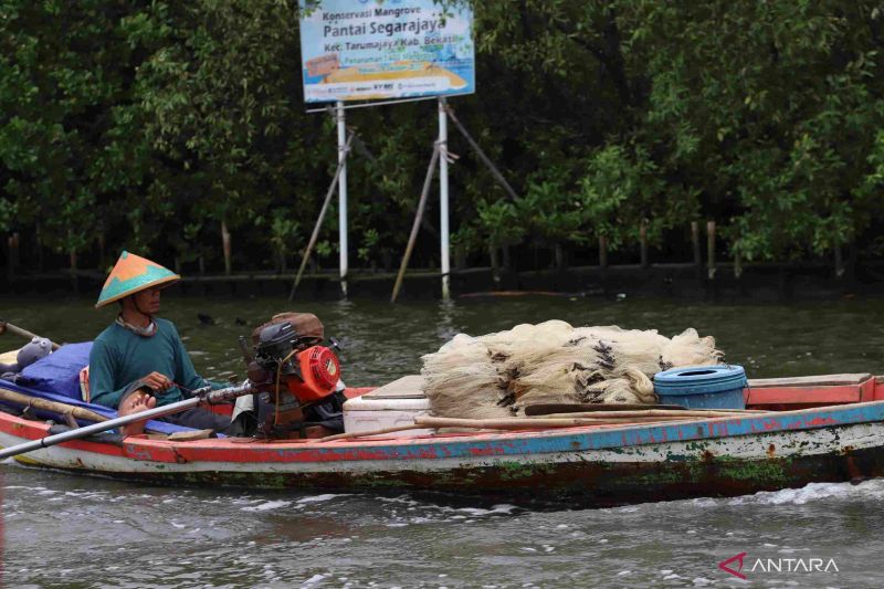 Seorang nelayan asal Desa Segarajaya, Kecamatan Tarumajaya, Kabupaten Bekasi, Jawa Barat, melaut membawa peralatan tangkap ikan sederhana di perairan pesisir Pantai Utara Jawa daerah itu, Kamis (29/10/2026). Sumber foto: Antara Seorang nelayan asal Desa Segarajaya, Kecamatan Tarumajaya, Kabupaten Bekasi, Jawa Barat, melaut membawa peralatan tangkap ikan sederhana di perairan pesisir Pantai Utara Jawa daerah itu, Kamis (29/10/2026). Sumber foto: Antara