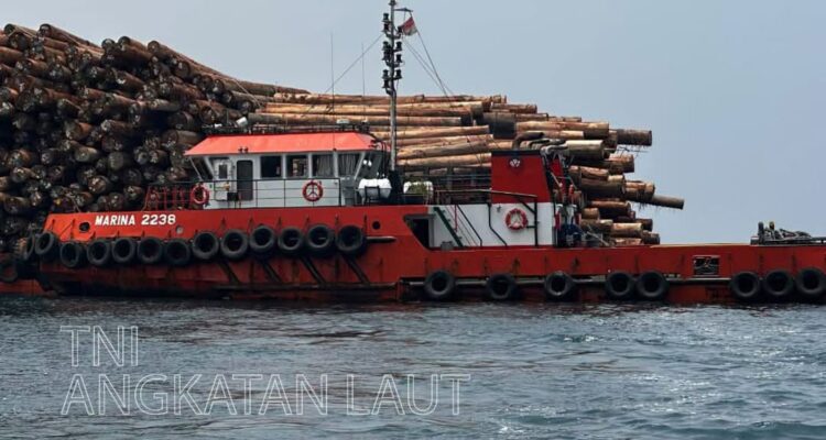 Kapal Tugboat (TB) Marina 2238 yang menarik Pontoon (TK) Marine Power 3039 bermuatan ribuan kubik kayu log di perairan utara Pulau Buru ditangkap oleh KRI Posepa-870. Sumber foto: Dispenal
