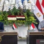 Presiden Prabowo Subianto (kanan) bersama Presiden Mesir Abdel Fattah el-Sisi (kiri) menyampaikan keterangan pers usai pertemuan bilateral di Istana Merdeka, Jakarta, Minggu (11/10/2026). Sumber foto: Antara