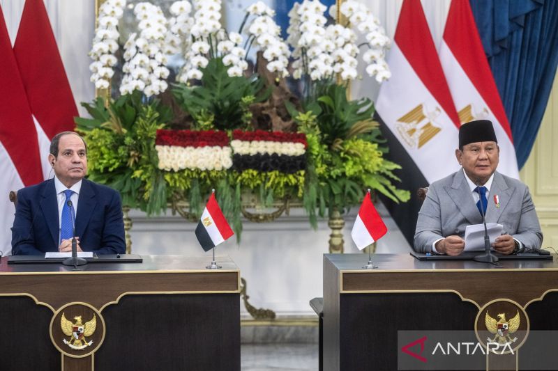 Presiden Prabowo Subianto (kanan) bersama Presiden Mesir Abdel Fattah el-Sisi (kiri) menyampaikan keterangan pers usai pertemuan bilateral di Istana Merdeka, Jakarta, Minggu (11/10/2026). Sumber foto: Antara
