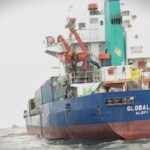 The Indonesian Navy is securing the cargo ship MV Global 88 in waters off Balikpapan after intercepting it off Majene, West Sulawesi. Photo Source: Antara News Agency