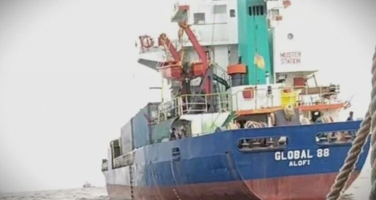 The Indonesian Navy is securing the cargo ship MV Global 88 in waters off Balikpapan after intercepting it off Majene, West Sulawesi. Photo Source: Antara News Agency