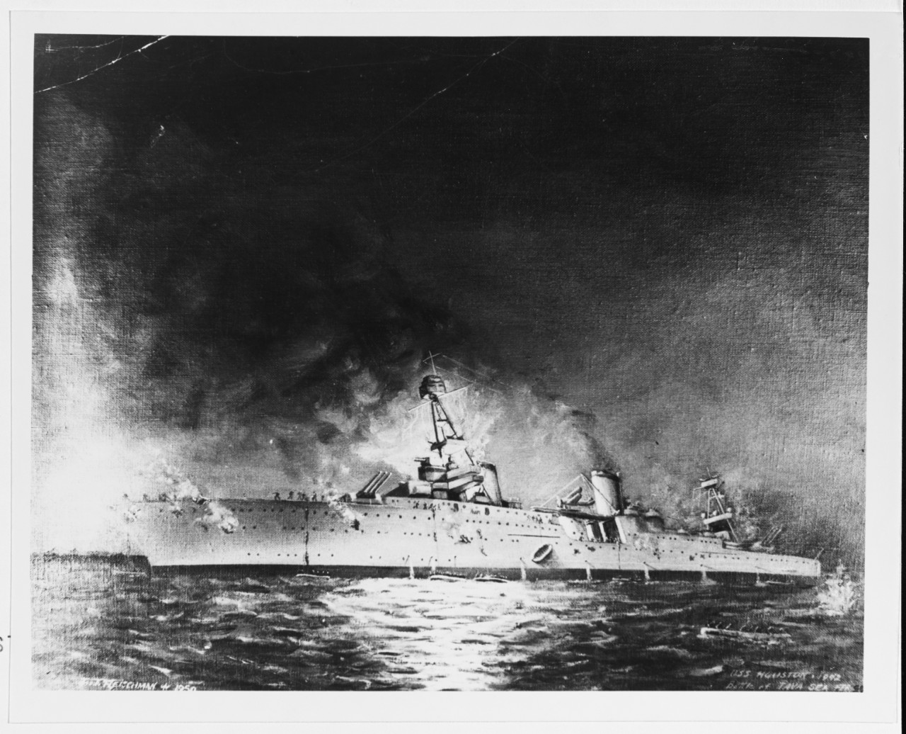 Karya lukis Joe T. Fleischman (1950_ yang menggambarkan tenggelamnya USS Houston (CA-30) dalam pertempuran Selat Sunda, 1 Maret 1942 melawan destroyer Jepang. Sumber foto: U.S. Naval History and Heritage Command Karya lukis Joe T. Fleischman (1950_ yang menggambarkan tenggelamnya USS Houston (CA-30) dalam pertempuran Selat Sunda, 1 Maret 1942 melawan destroyer Jepang. Sumber foto: U.S. Naval History and Heritage Command